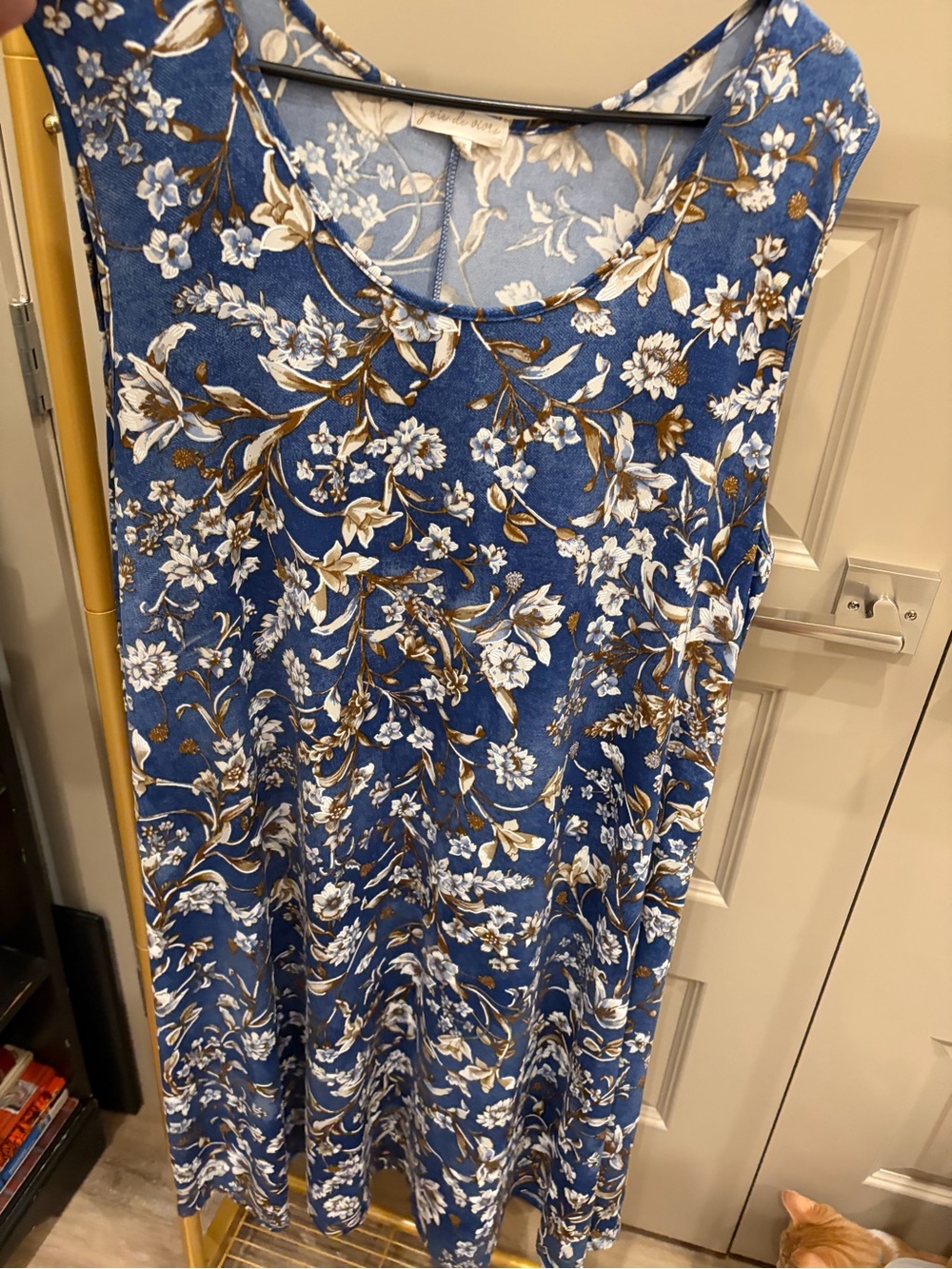 Sleeveless Blue Floral Midi Dress with Cream & Tan Accents